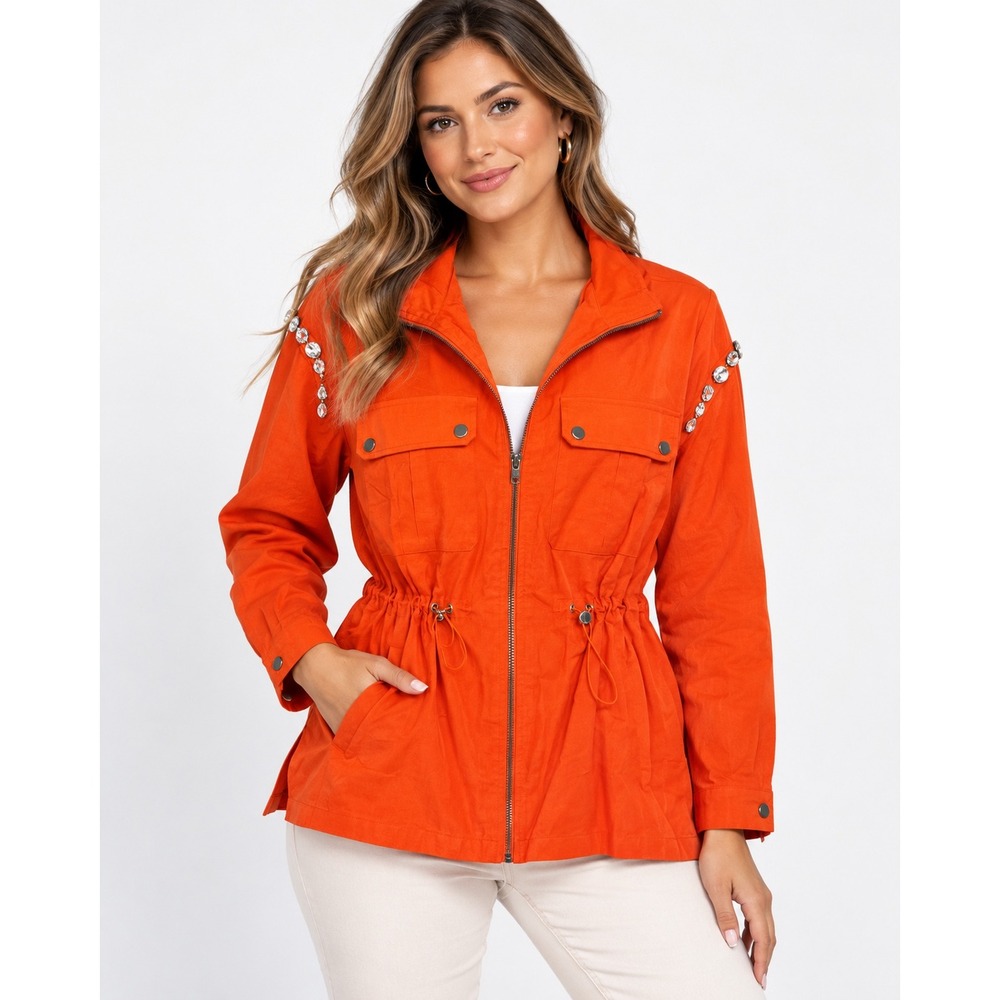 Lizette Collection Orange Rhinestone Utility Jacket Drawstring Waist Small NWT